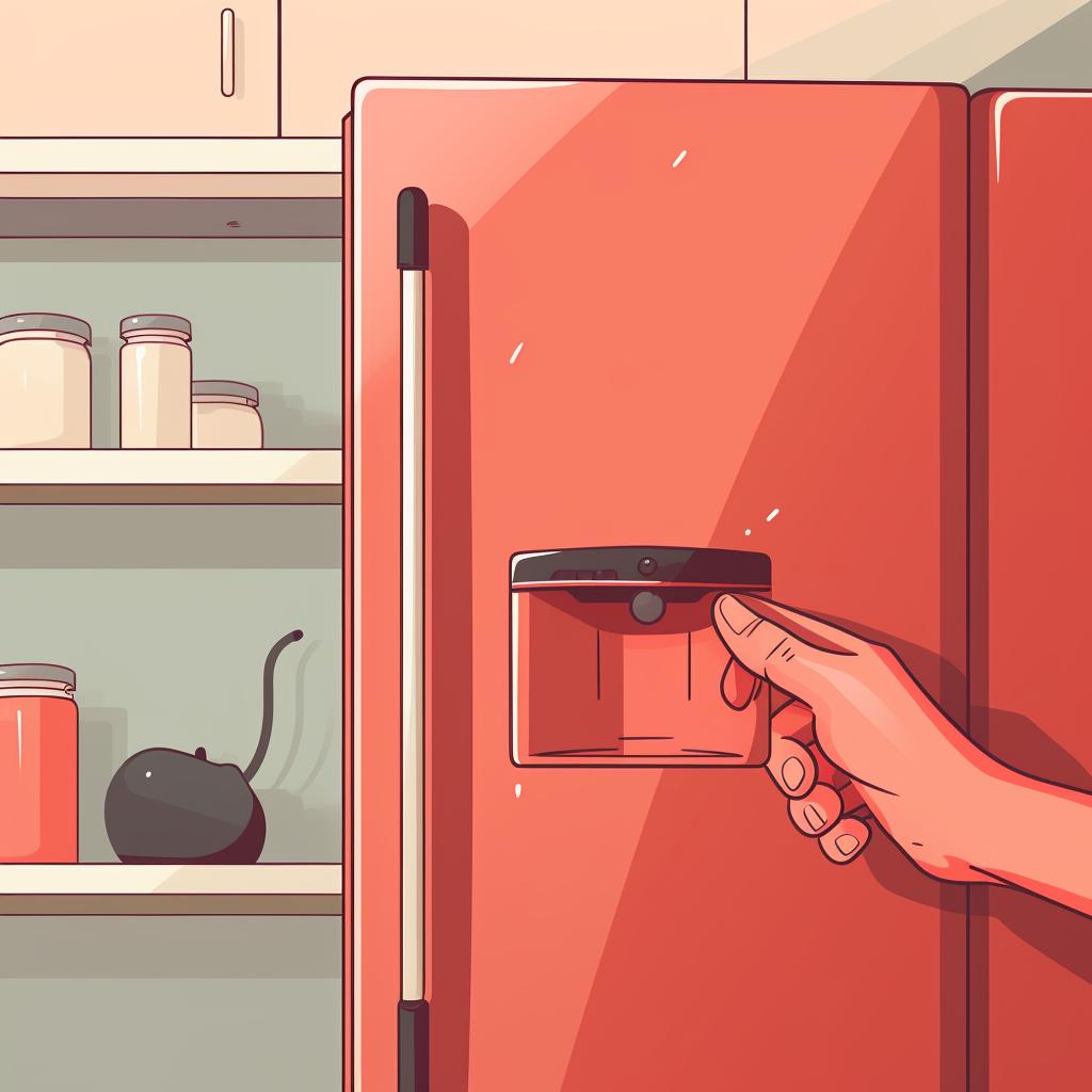 A hand pointing to the upper right corner of the refrigerator interior