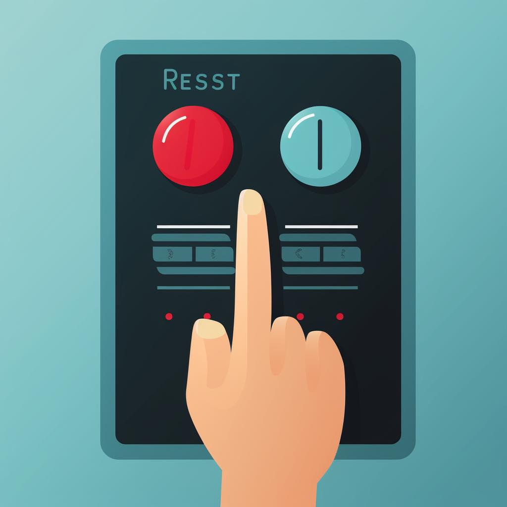A hand pressing the 'reset' button on the refrigerator control panel